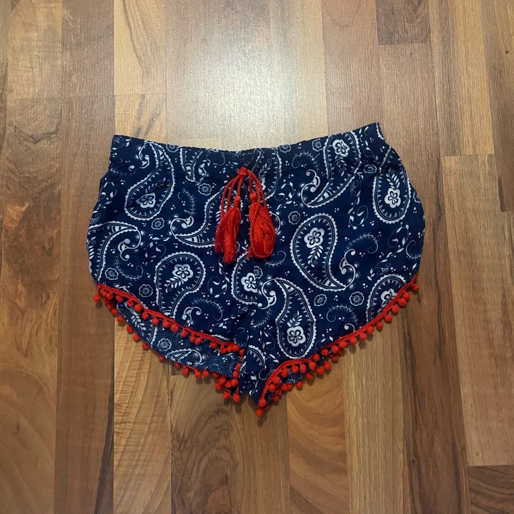 Navy Paisley Shorts with Red Tassels
